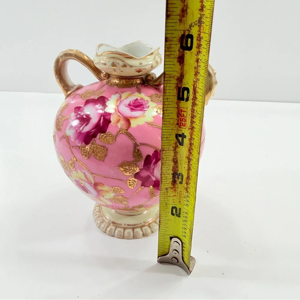 NIPPON Antique Old Mark Moriage Celadon‎ Art Nouveau Vase, Gold Pink Roses 5.75”
